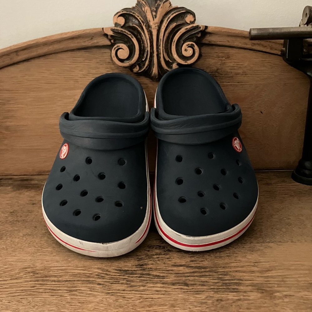 Navy Blue Crocs with Red and White Trim